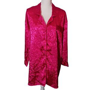 VTG Lucie Ann II Hot Pink‎ Satin Longsleeve Button-Up Collared Nightshirt Size M